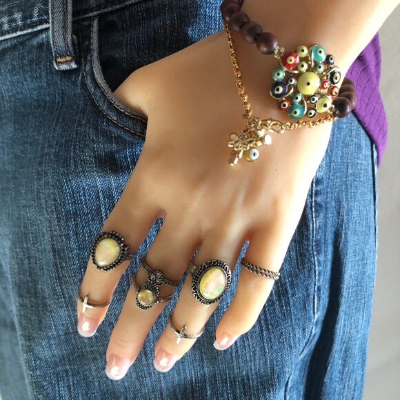 Boho Burnished Silver Rings Faux Opal - Picture 3 of 6